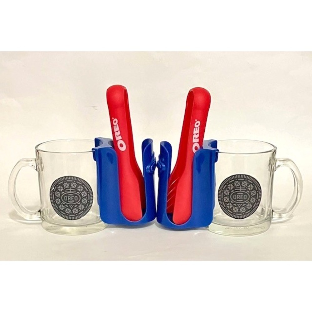 Set of 2 Oreo Cookie Glass Milk Coffee Mug Attachable Cookie Holder And Tongs